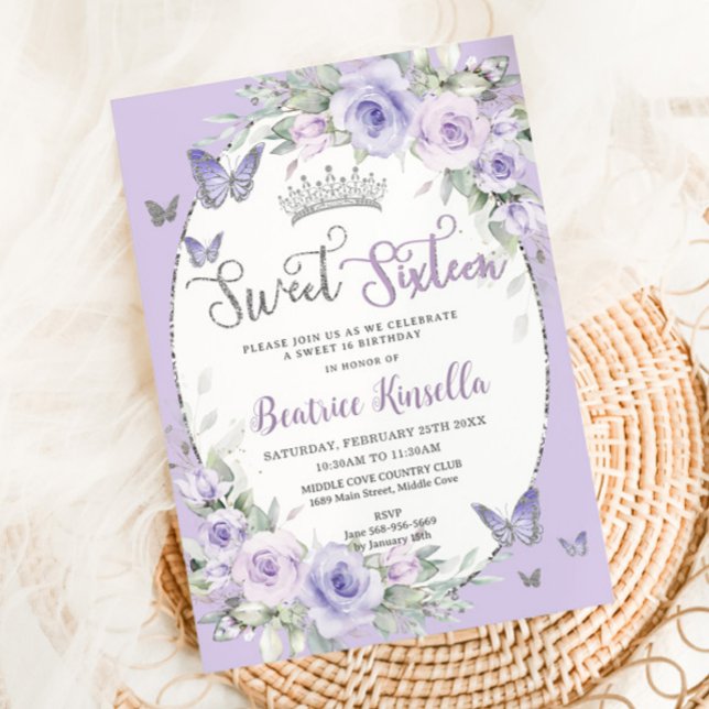 Lavender Purple Floral Butterflies Sweet Sixteen Invitation (Creator Uploaded)