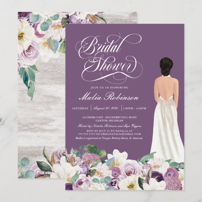 Lavender Purple Floral Elegant Gown Bridal Shower  Invitation (Front/Back)