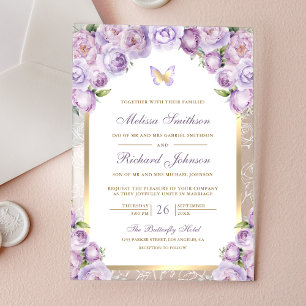 Lavender Purple Floral Gold Arch Butterfly Wedding Acrylic Invitations
