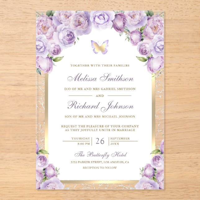 Lavender Purple Floral Gold Arch Butterfly Wedding Acrylic Invitations (Front)