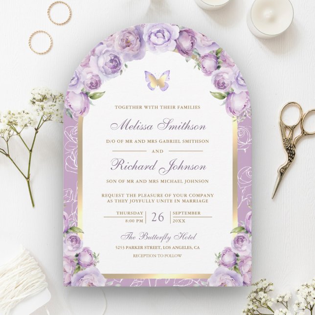 Lavender Purple Floral Gold Arch Butterfly Wedding Invitation (Creator Uploaded)