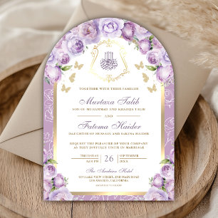 Lavender Purple Floral Gold Arch Muslim Wedding Invitation