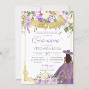 Lavender Purple Floral & Gold Charro Quinceanera   Invitation
