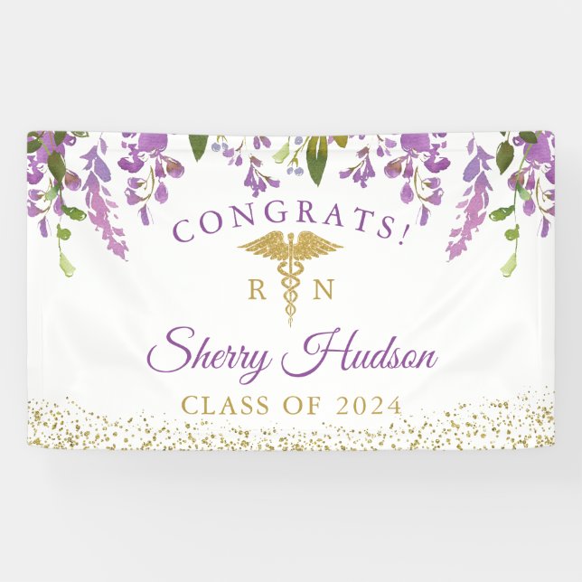 Lavender Purple Floral Gold RN Nursing Graduation Banner (Horizontal)