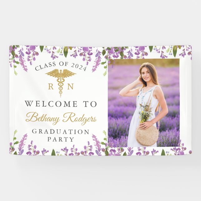 Lavender Purple Floral Gold RN Nursing Graduation  Banner (Horizontal)