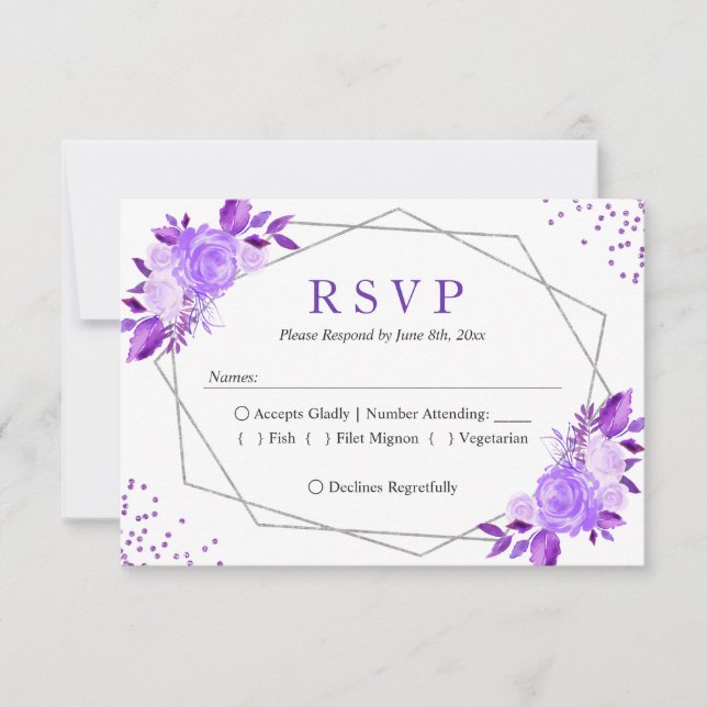 Lavender Purple Floral Grey Frame Wedding RSVP (Front)