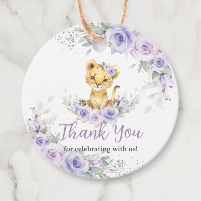 Lavender Purple Floral Lion Cub Baby Shower  Favour Tags (Front)