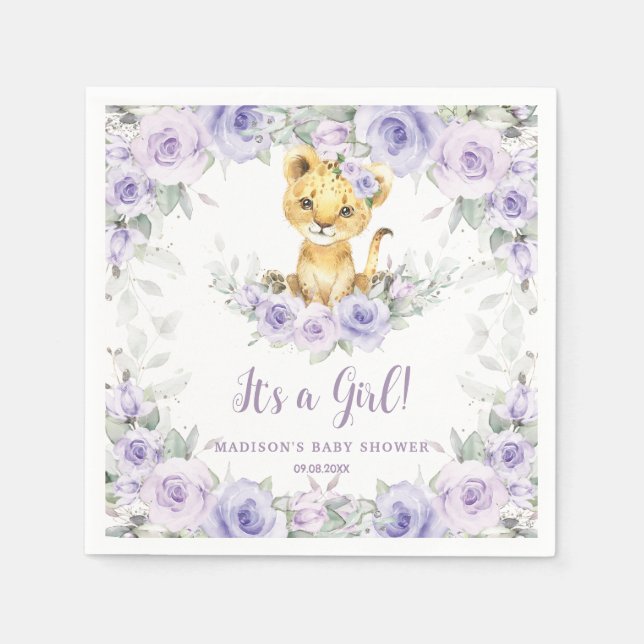 Lavender Purple Floral Lion Cub Baby Shower  Napkin (Front)