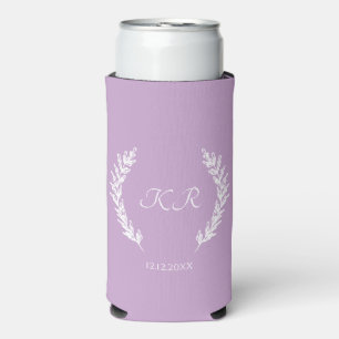 Lavender Purple Floral Minimal Monogram Wedding  Seltzer Can Cooler