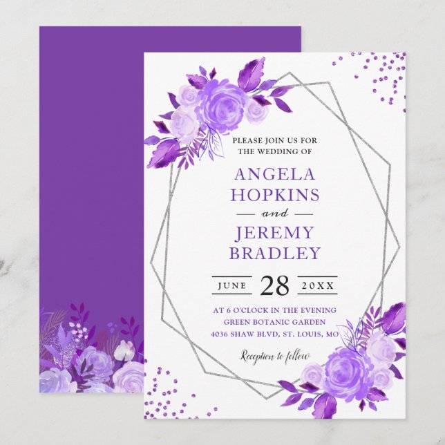 Lavender Purple Floral Modern Silver Frame Wedding Invitation (Front/Back)