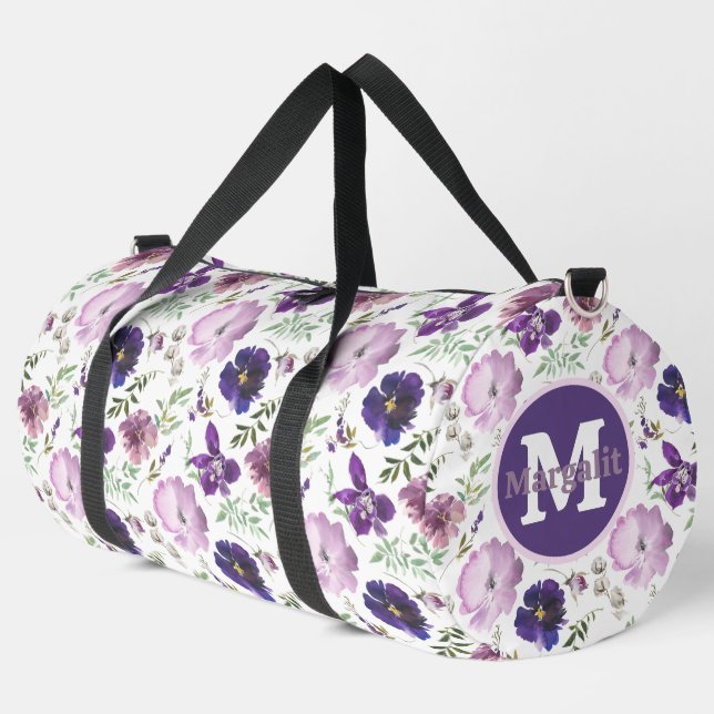 Lavender Purple Floral Orchids Large Duffle Bag (Left Corner)