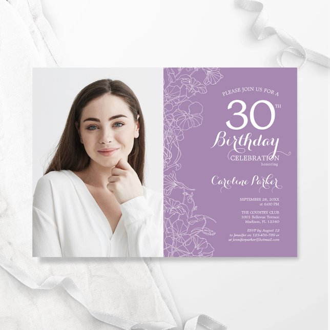 Lavender Purple Floral Photo 30th Birthday Invitation (Creator Uploaded)