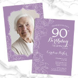 Lavender Purple Floral Photo 90th Birthday Party Invitation<br><div class="desc">Lavender purple floral 90th birthday party invitation with your photo at the back of the card. Minimalist modern design featuring botanical outline drawings accents, faux gold foil and typography script font. Simple trendy invite card perfect for a stylish female bday celebration. Can be customised to any age. Printed Zazzle invitations...</div>