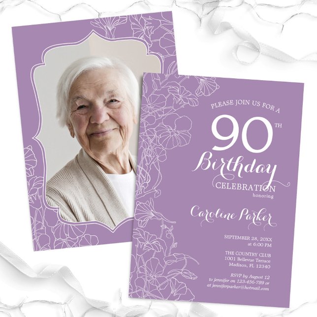 Lavender Purple Floral Photo 90th Birthday Party Invitation (Creator Uploaded)