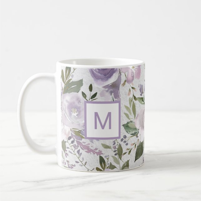 Lavender Purple Floral Roses Watercolor Monogram Coffee Mug (Left)