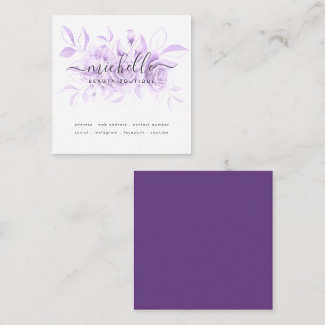 Lavender Purple Floral Script Beauty Boutique Square Business Card (Front/Back)
