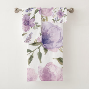 Lavender Purple Floral Watercolor Botanical Bath Towel Set