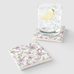 Lavender Purple Floral Watercolor Botanical Stone Coaster