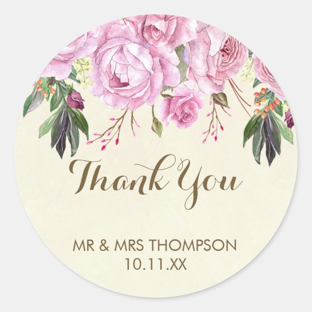 Lavender purple floral wedding thank you sticker (Front)