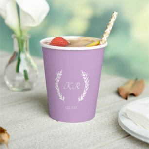 Lavender Purple Floral Wreath Monogram Wedding Paper Cups