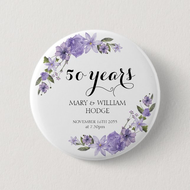 Lavender purple florals 50th wedding anniversary 6 cm round badge (Front)