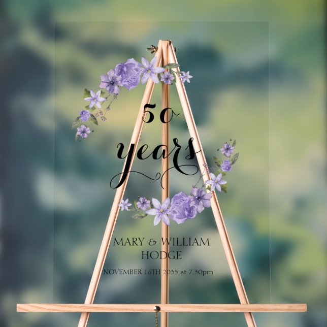 Lavender purple florals 50th wedding anniversary acrylic sign (Neutral)