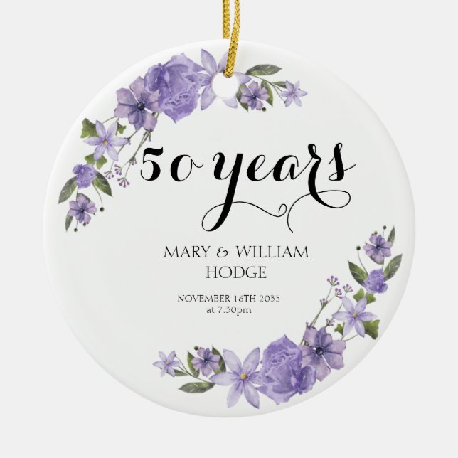 Lavender purple florals 50th wedding anniversary ceramic tree decoration (Front)