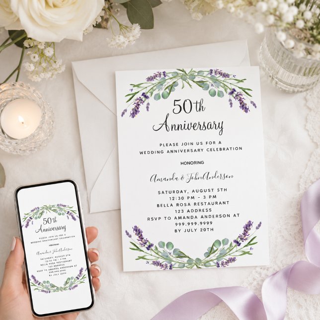 Lavender purple florals 50th wedding anniversary invitation (Creator Uploaded)