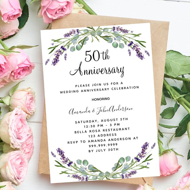 Lavender purple florals 50th wedding anniversary invitation (Creator Uploaded)