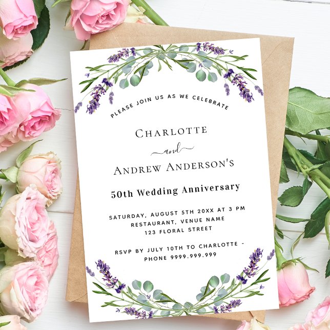 Lavender purple florals 50th wedding anniversary invitation (Creator Uploaded)