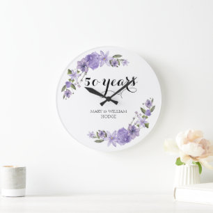 Lavender purple florals 50th wedding anniversary large clock
