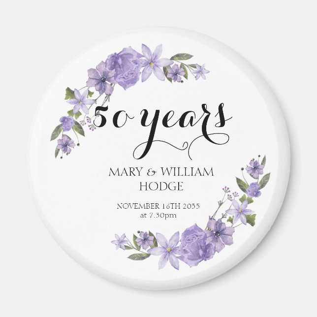 Lavender purple florals 50th wedding anniversary magnet (Front)