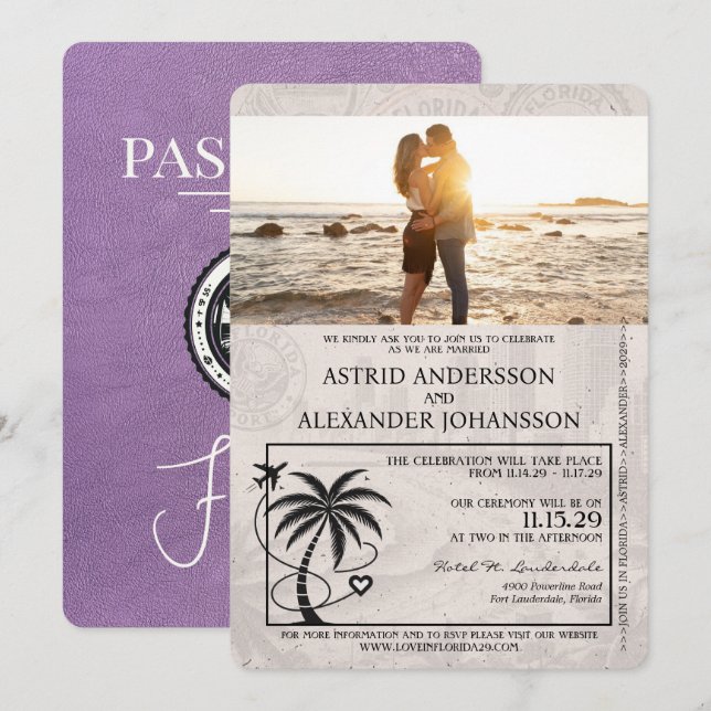 Lavender Purple Florida Passport Wedding Invitation (Front/Back)