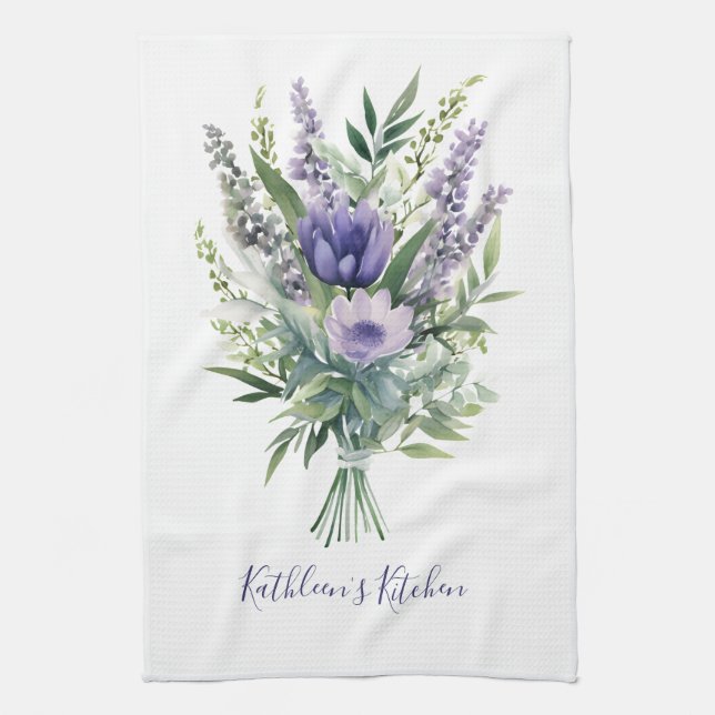 Lavender Purple Flower Greenery Floral Bouquet Tea Towel (Vertical)