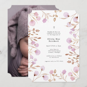 Lavender Purple Flower Photo Christening Baptism Invitation