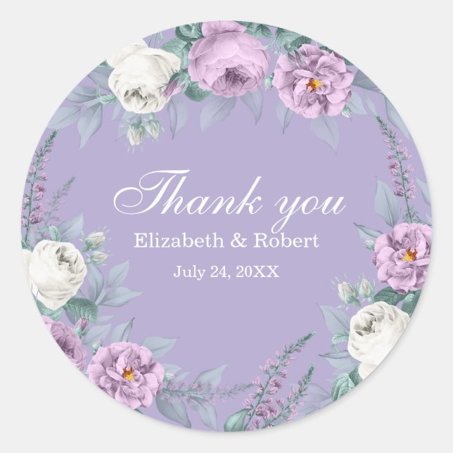 Lavender Purple Flower Wedding Thank You Sticker (Front)