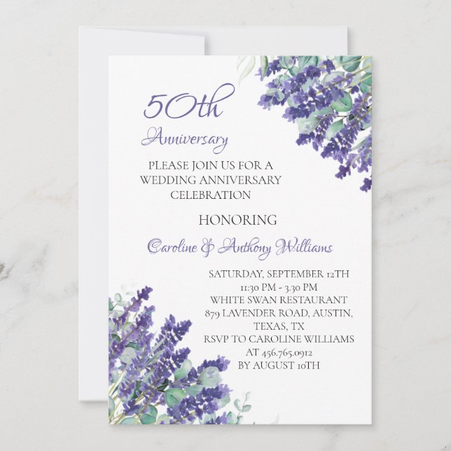 Lavender Purple Flowers 50th Wedding Anniversary Invitation (Front)