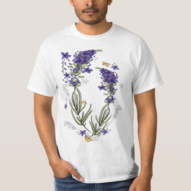 Lavender Purple Flowers Herb Field Botanical Stems T-Shirt (Front)