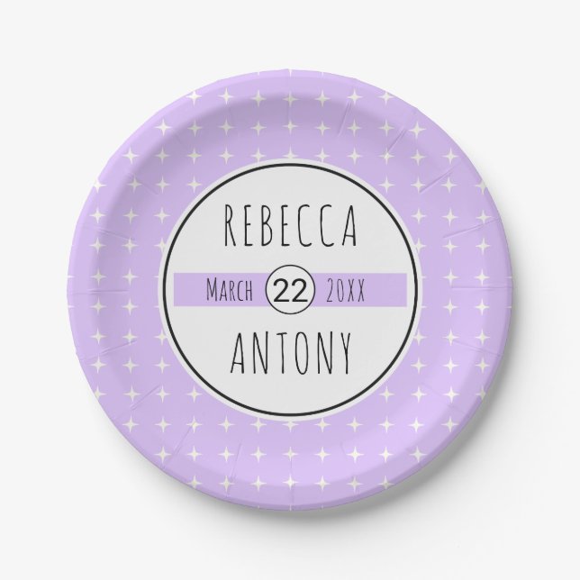 Lavender purple geometric typography wedding paper plate (Front)