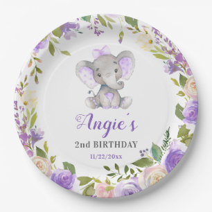Lavender Purple Girl Elephant Birthday Party Table Paper Plate
