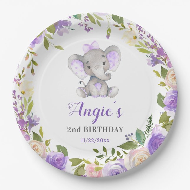 Lavender Purple Girl Elephant Birthday Party Table Paper Plate (Front)