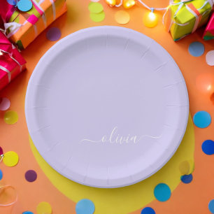 Lavender Purple Girly Script Monogram Name Modern Paper Plate