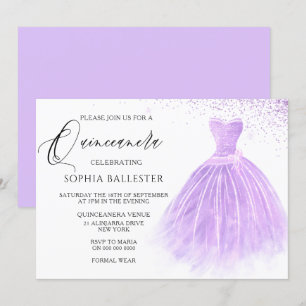 Lavender Purple Glitter Gown Quinceanera Party Invitation