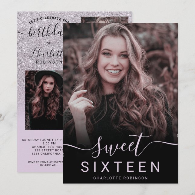 Lavender Purple glitter ombre 5 photos sweet 16 Invitation (Front/Back)