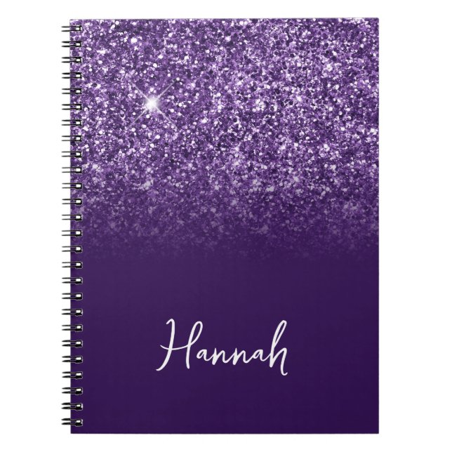Lavender Purple Glitter Ombre Script Name Notebook (Front)