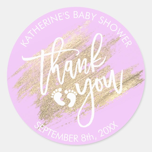 Lavender Purple Gold Brush Stroke Baby Shower Classic Round Sticker (Front)