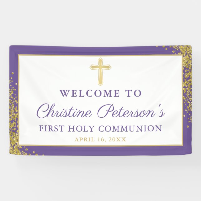 Lavender Purple Gold First Holy Communion Banner (Horizontal)