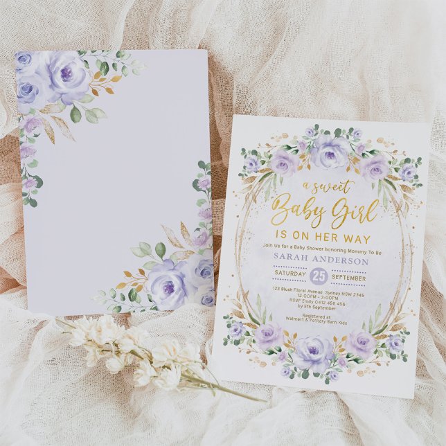 Lavender Purple Gold Floral Baby Girl Shower Invitation (Creator Uploaded)