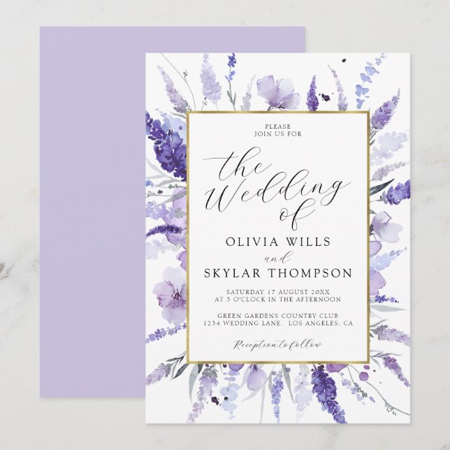 Lavender Purple Gold Floral Botanical Wedding  Invitation (Front/Back)