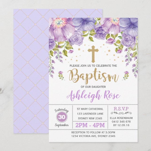 Lavender Purple Gold Floral Girl Baptism Invitation (Front/Back)